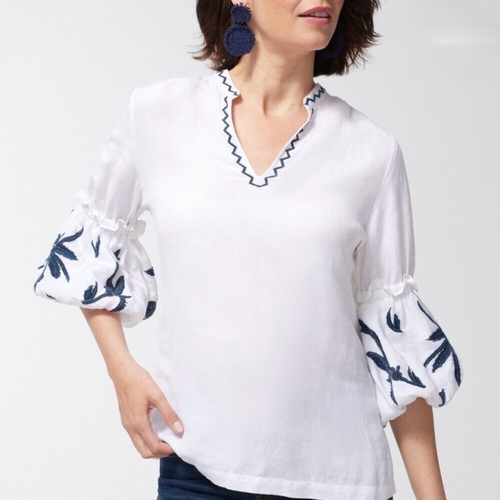 Chico’s White Linen Blend V Neck Lantern Sleeve Top NWT